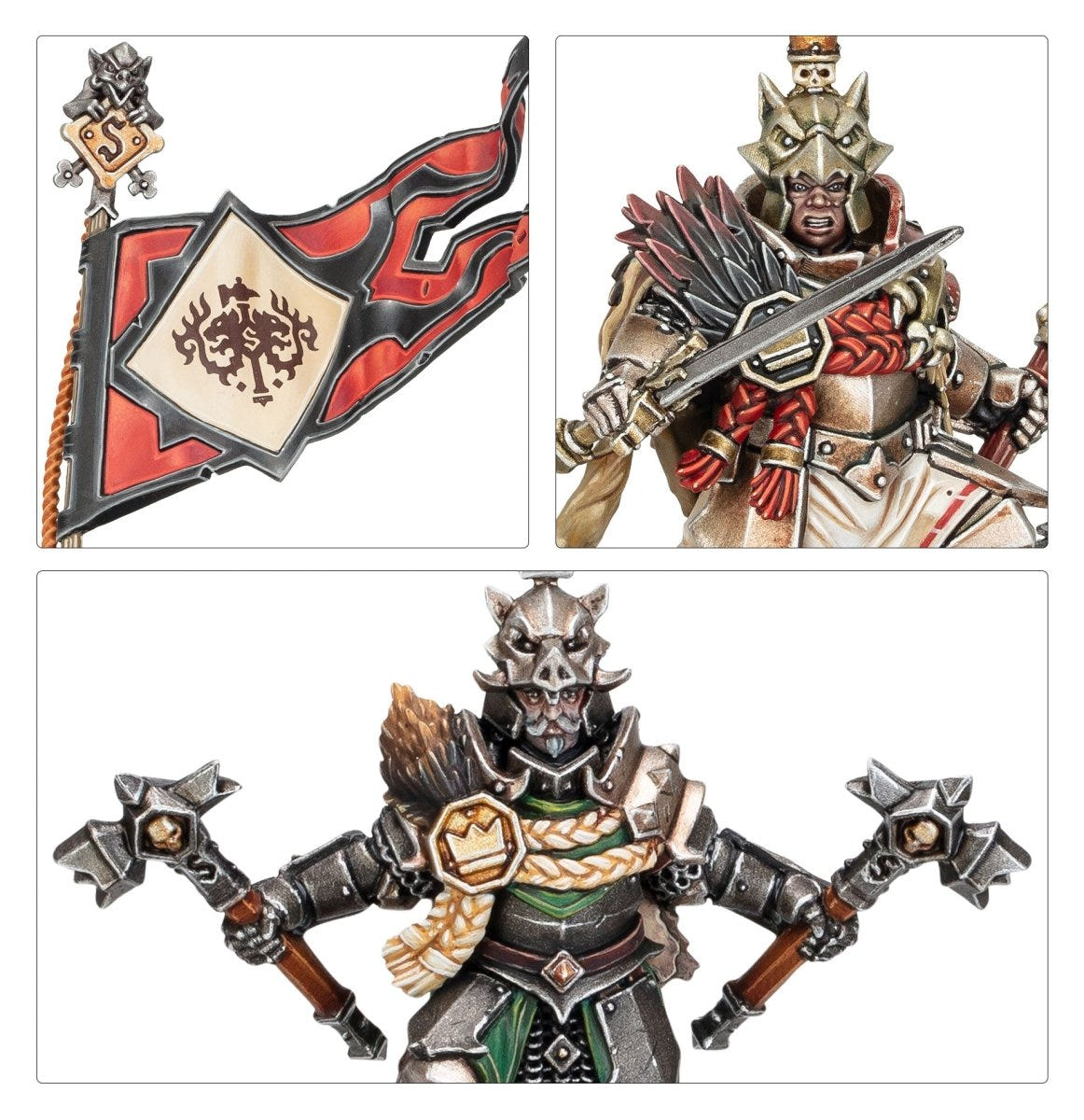 Details of painted Freeguild Gallants: banner, helmeted warrior and twin-mace fighter