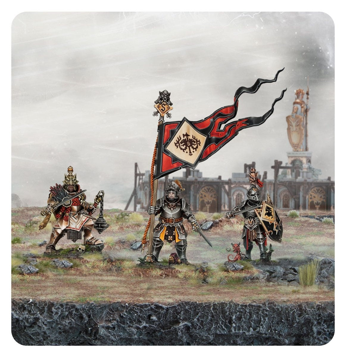 Painted Freeguild Gallants marching across a battlefield beneath their red and black banner