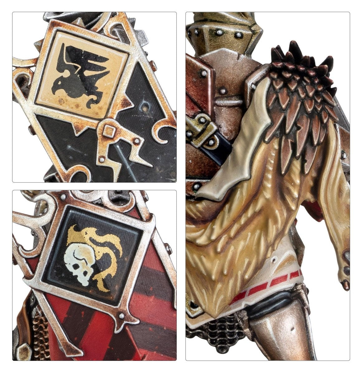 Close-ups of painted Freeguild Gallants heraldry: shield emblems and fur-trimmed cloak