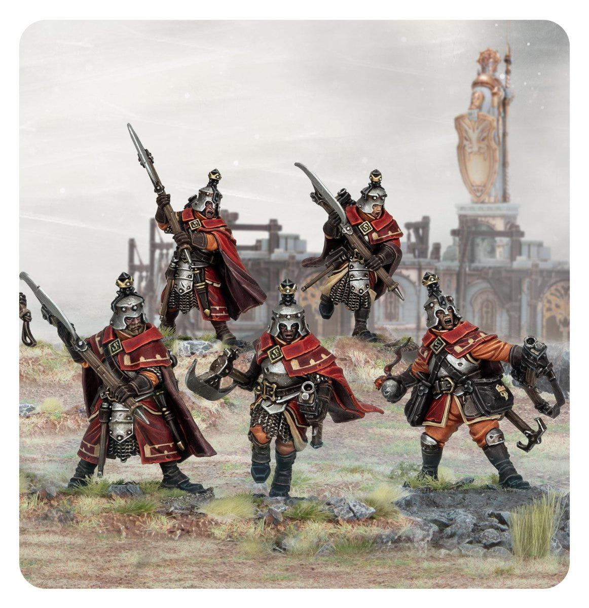 Painted Cities of Sigmar Freeguild Grenadiers advancing across a ruined battlefield scene