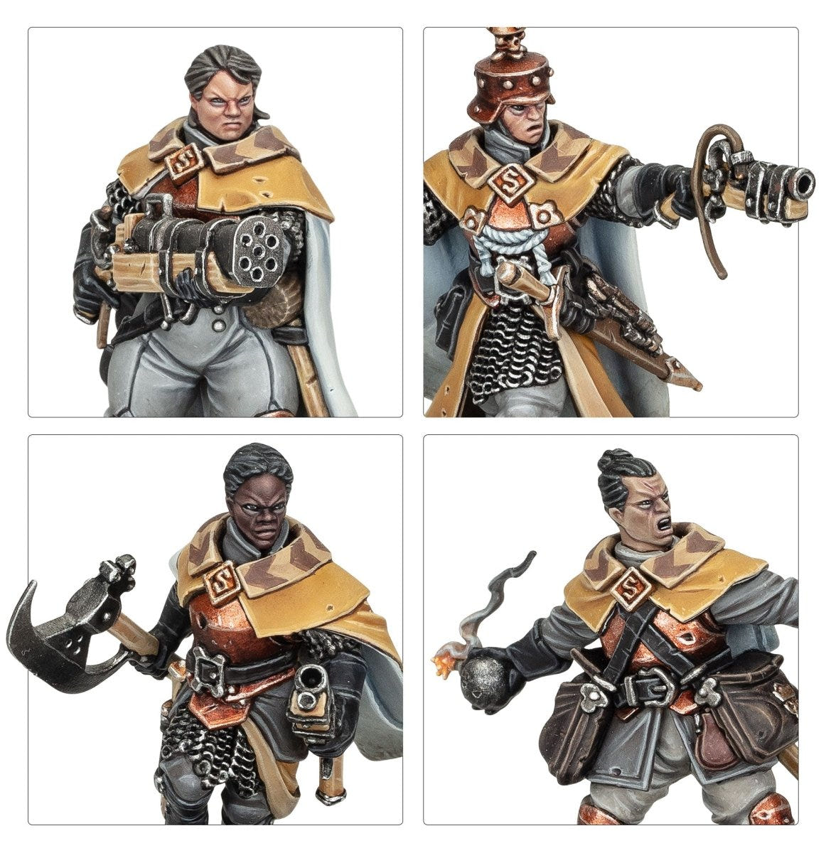 Close-ups of painted Freeguild Grenadiers in ochre cloaks with bombs, axe and blackpowder gun