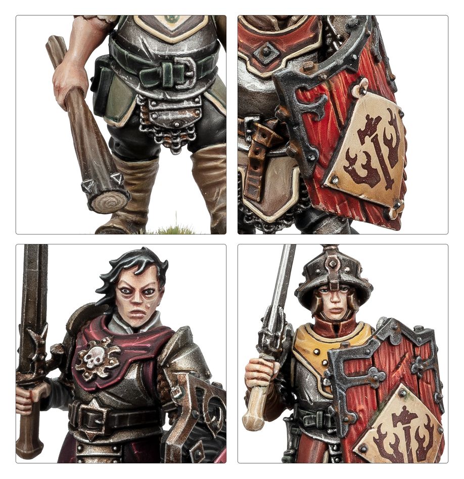 Close-ups of painted Freeguild Steelhelms: club, red shield, faces and helmet detail