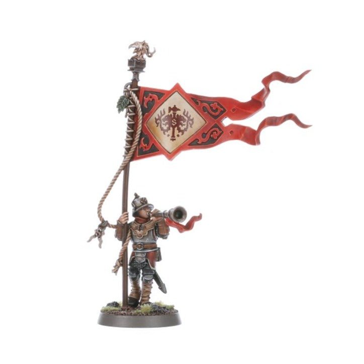 Painted Freeguild Steelhelms standard bearer with a red swallowtail banner and horn
