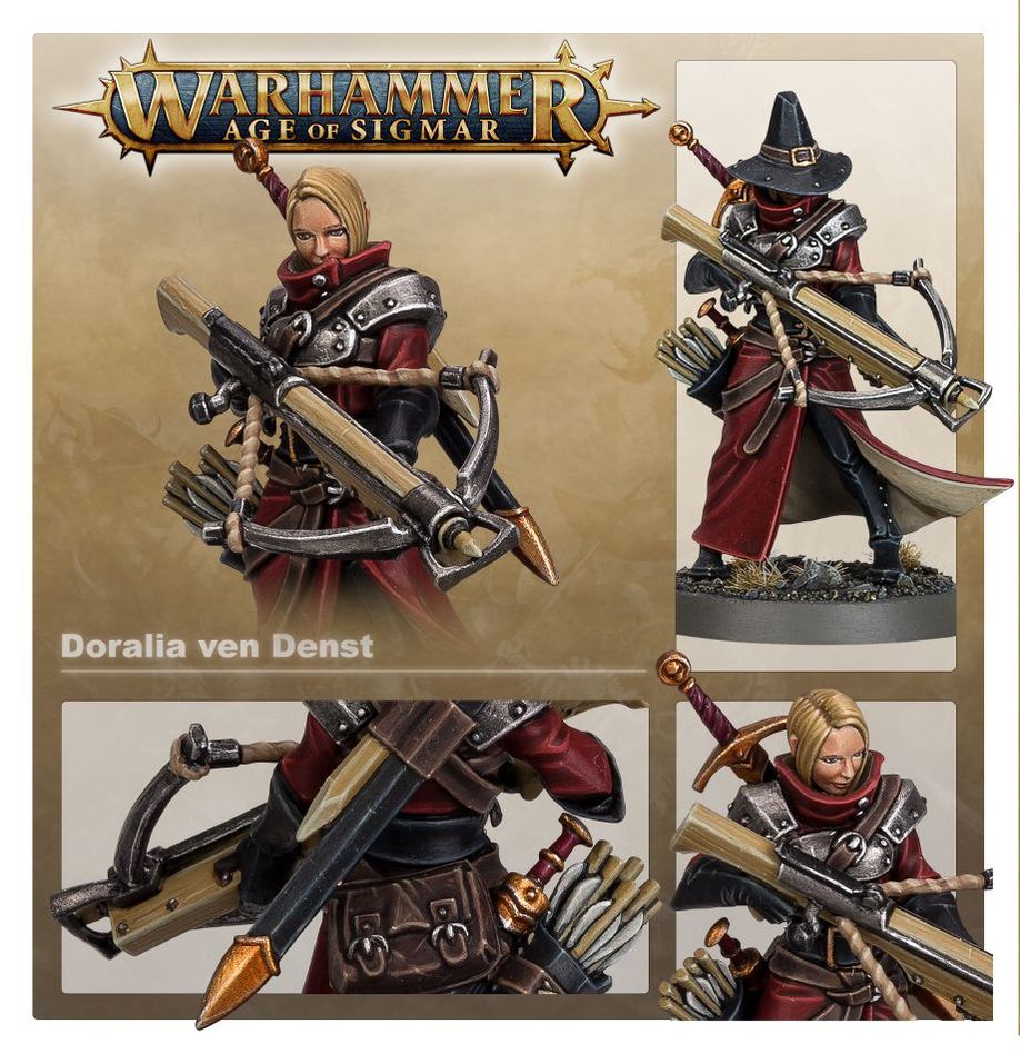 Doralia ven Denst detail shots: crossbow, wide-brimmed hat option and face