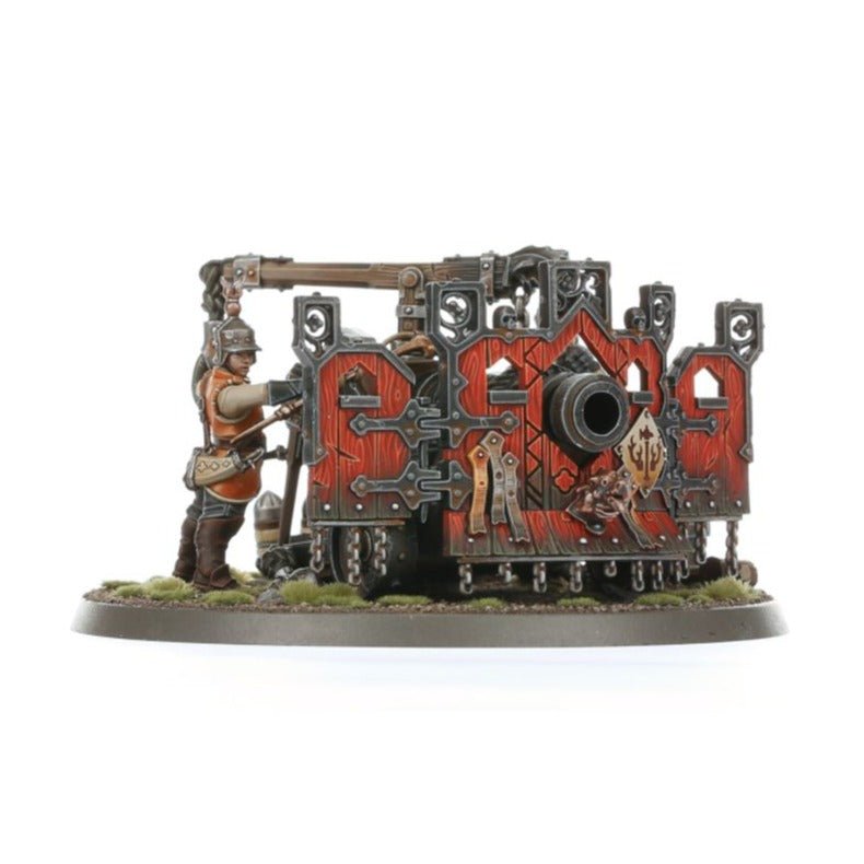 Painted Cities of Sigmar Ironweld Great Cannon, side view showing the crew loading the gun