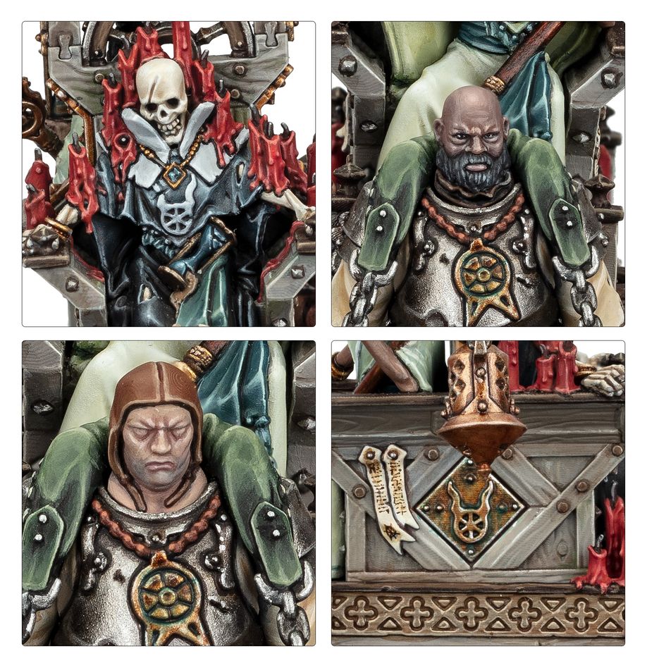Close-ups of the painted Pontifex Zenestra model: skull ornament, bearer faces and palanquin detail