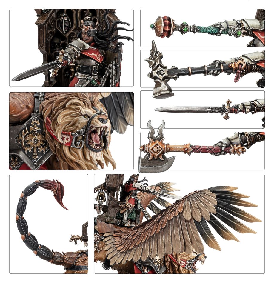 Close-ups of Tahlia Vedra: rider, weapon options, manticore head, scorpion tail and wing