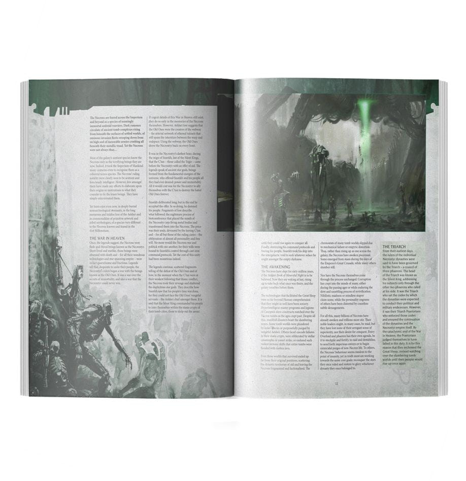 Codex: Necrons open at a lore spread with Necron artwork and background text