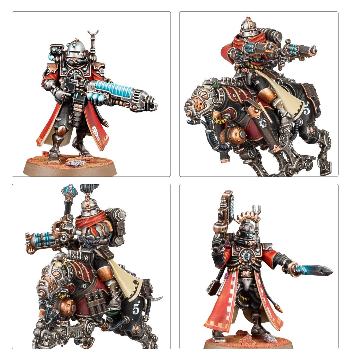 Collage of four painted Adeptus Mechanicus models: Tech-Priests and Sulphurhound riders