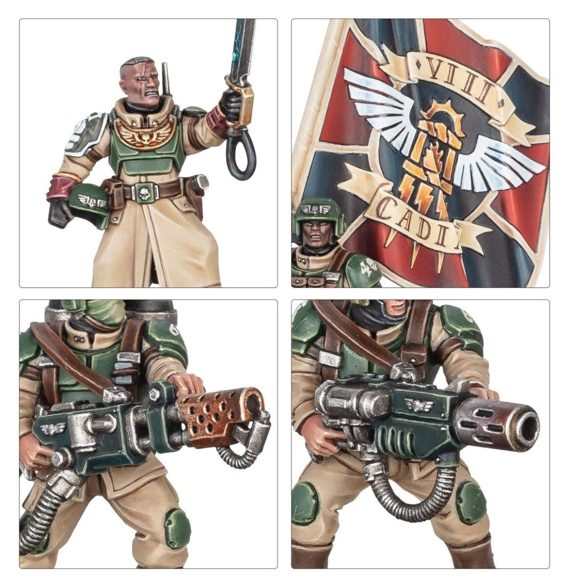 Close-ups of painted Cadian officer, regimental banner and heavy weapon trooper