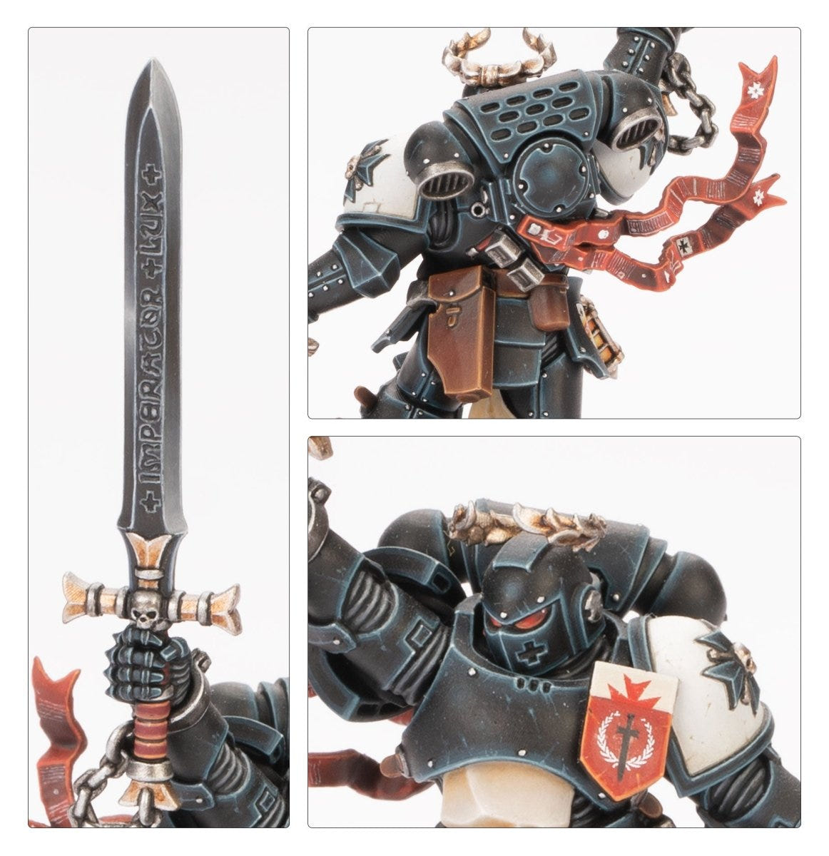 Close-ups of the champion's inscribed great sword, purity seals and helmet