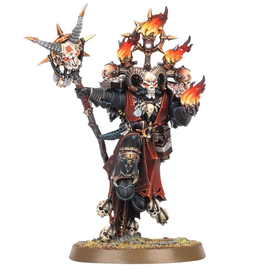 Painted Chaos Space Marines leader in black armour with flaming skull staff and red robes