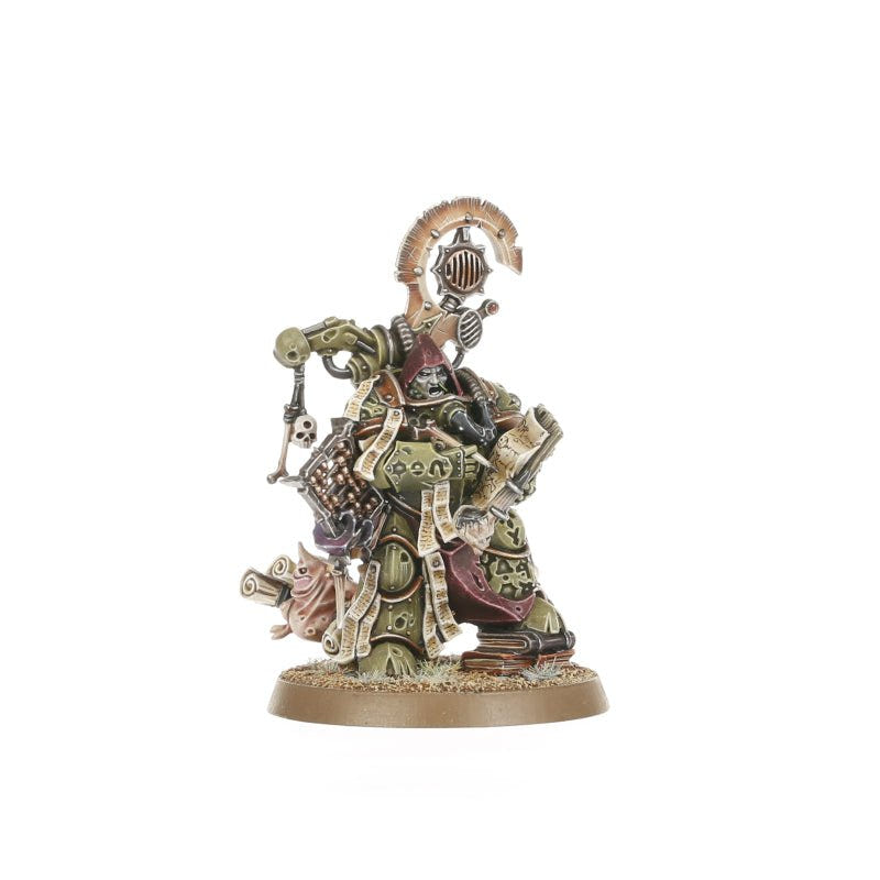 Painted Death Guard character with scrolls and bell staff, front view