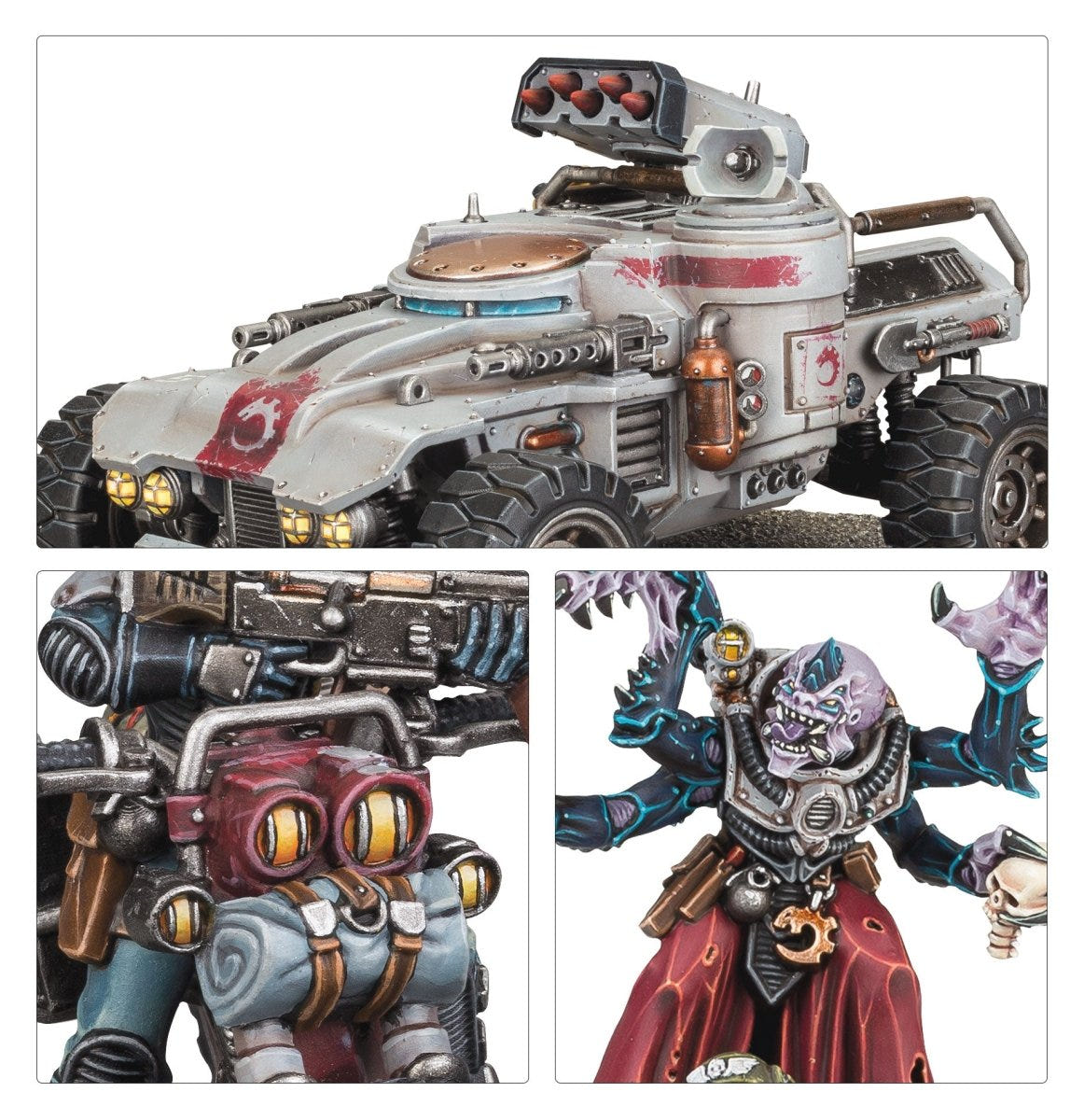 Close-ups of the Achilles Ridgerunner, Jackal bike front and Metamorph head, Genestealer Cults