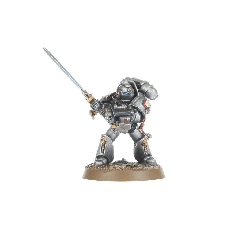 Painted Grey Knights Terminator with a raised Nemesis sword, Games Workshop Combat Patrol