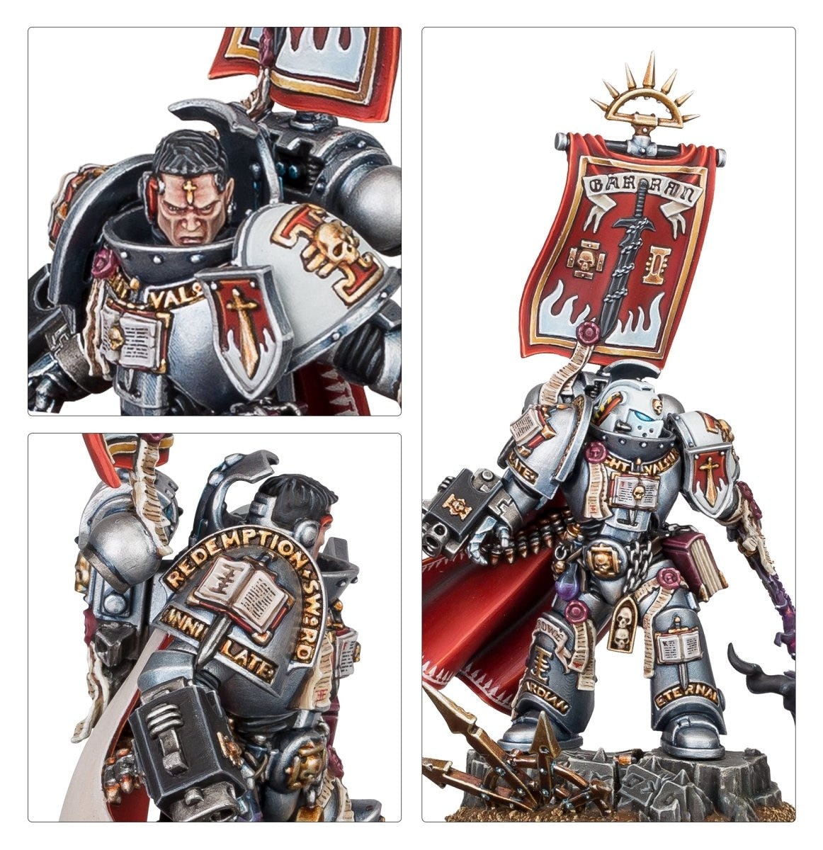 Close-ups of painted Castellan Crowe: bare head, Book of Exorcism and banner, Games Workshop Grey Knights