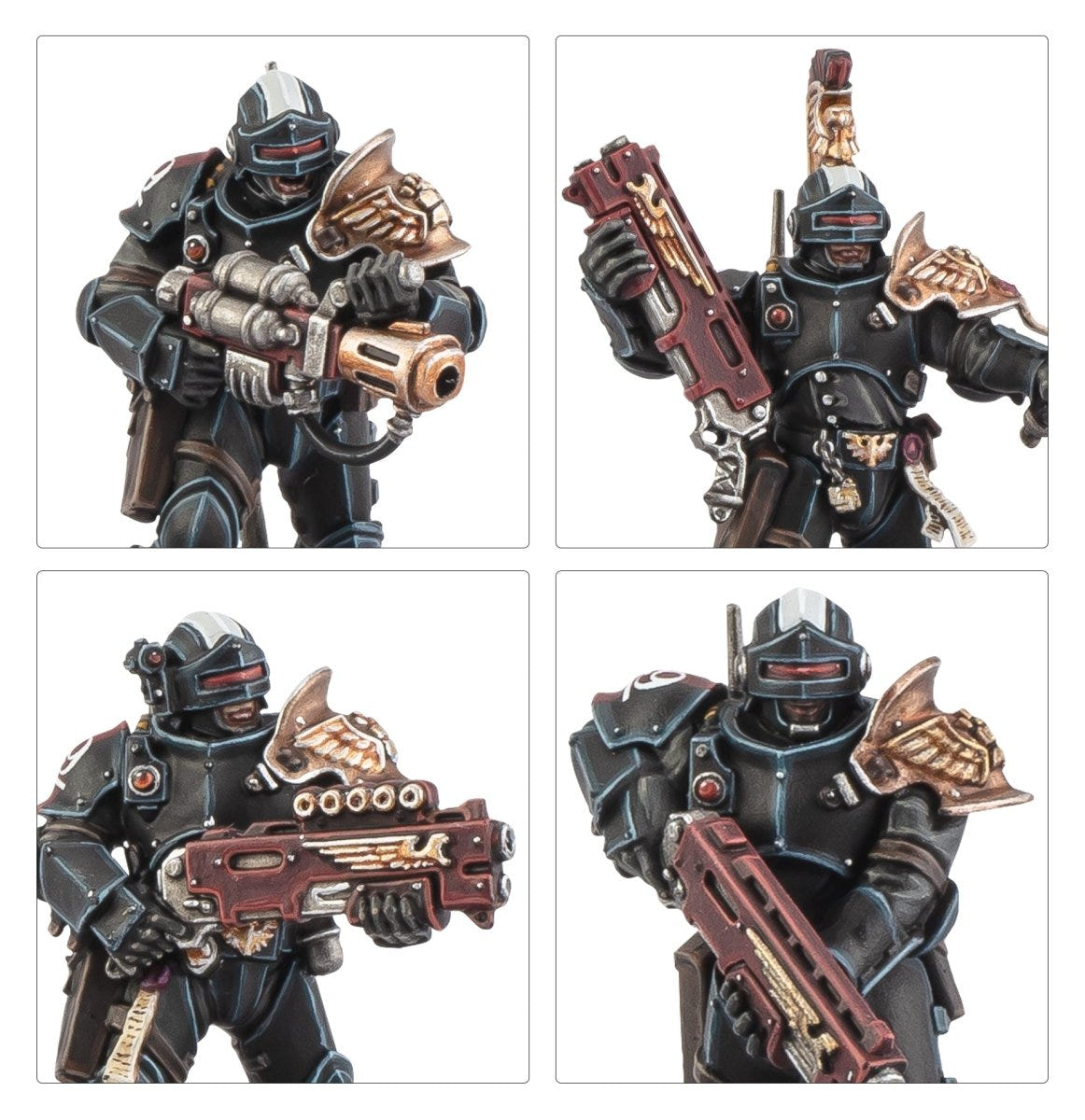 Close-up views of painted Adeptus Arbites troopers and shotguns from Combat Patrol: Imperial Agents