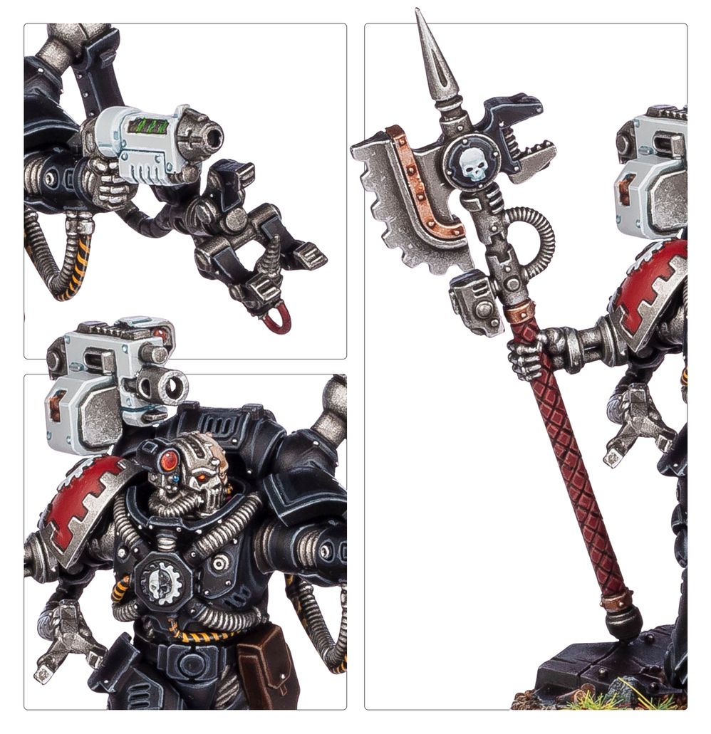 Close-ups of the Iron Hands Primaris Techmarine's servo-arm, axe and armour