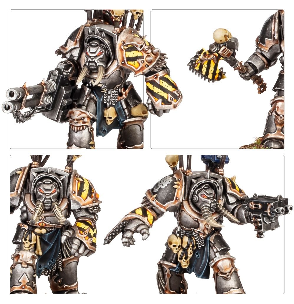 Close-ups of painted Iron Warriors Terminators with combi-bolters and hazard stripes