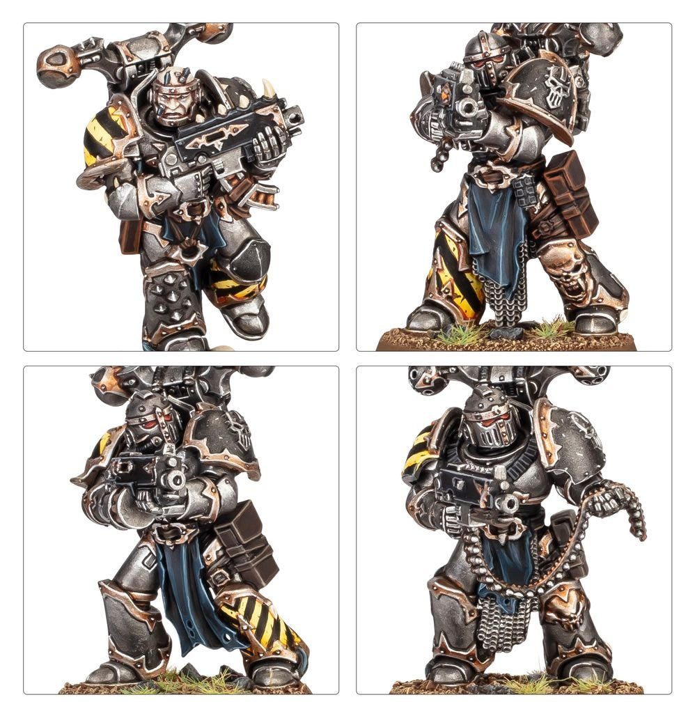 Close-ups of painted Iron Warriors Legionaries with boltguns and chainmail tabards