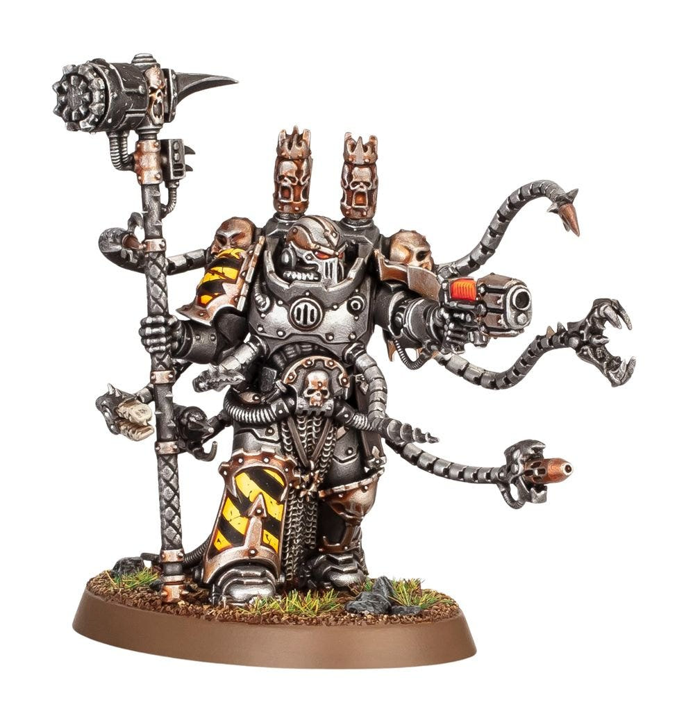 Painted Iron Warriors Warpsmith with mechadendrites, hazard stripes and power axe