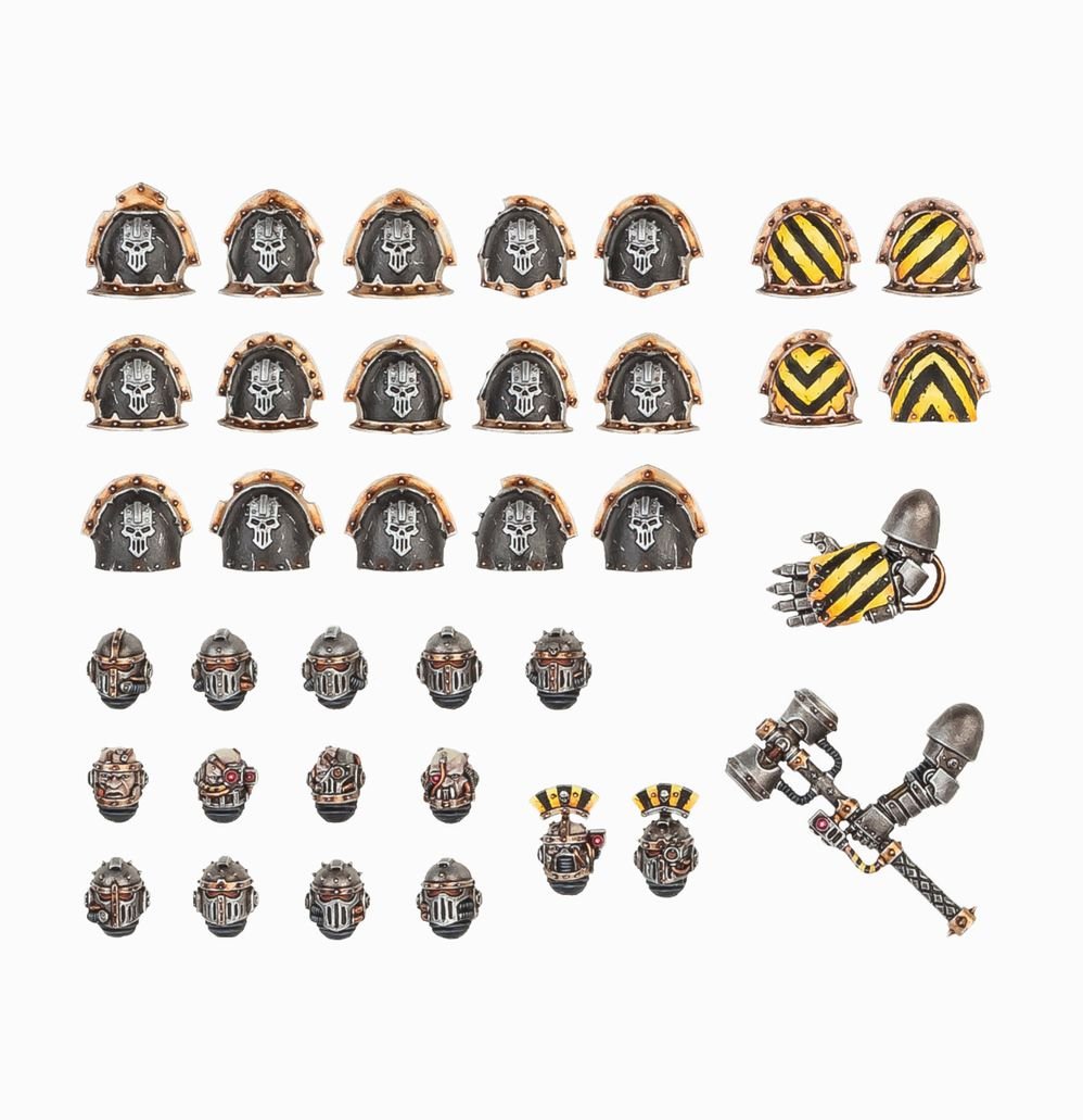 Iron Warriors upgrade parts: helmets, heads, hazard-striped shoulder pads and weapons