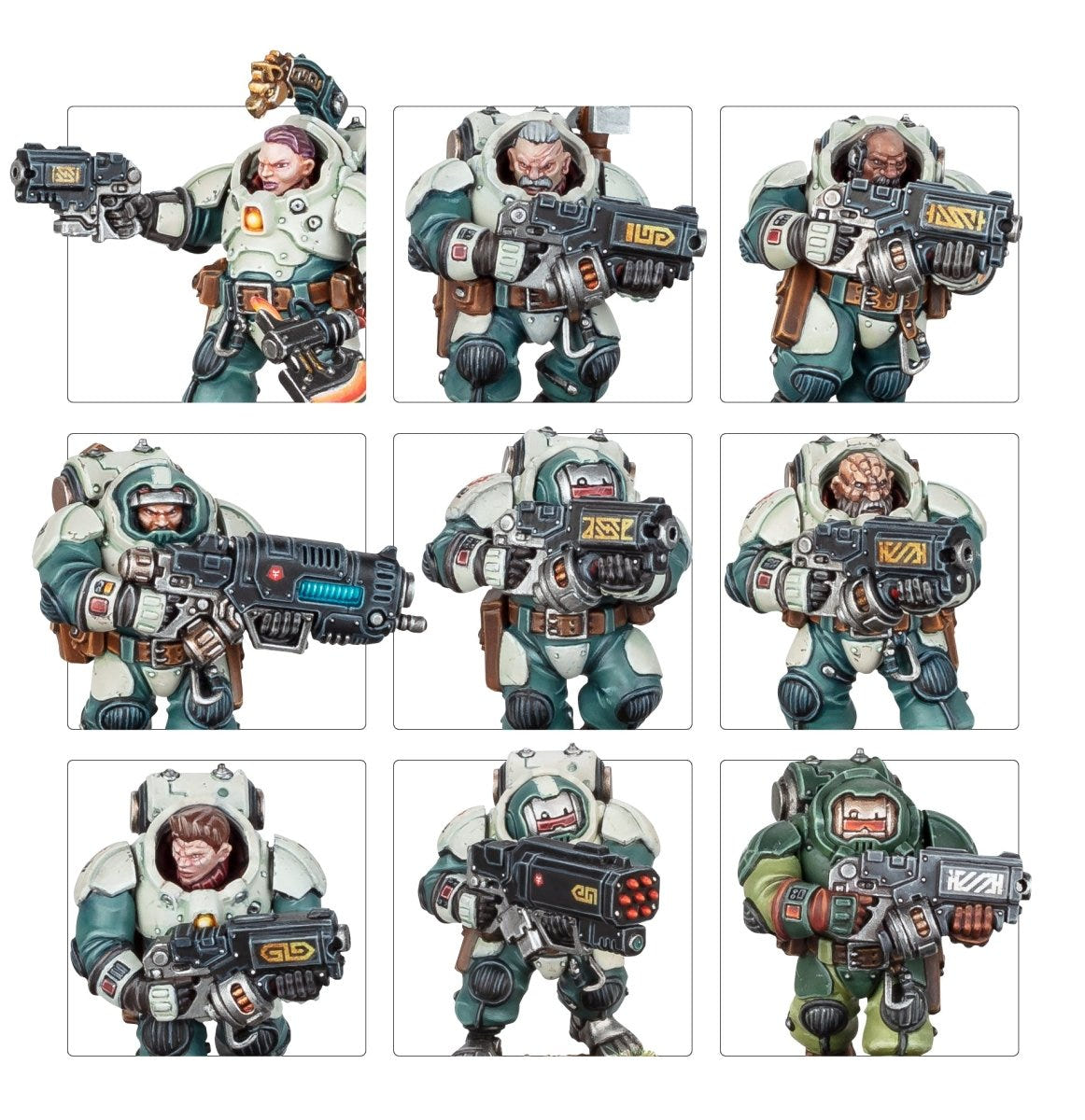 Close-ups of painted Hearthkyn Warriors heads, faces and weapon options, Leagues of Votann