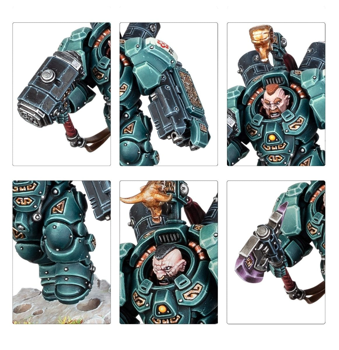 Close-ups of painted Einhyr Champion Vynn Bane-slayer: fist, crested helm, face and armour