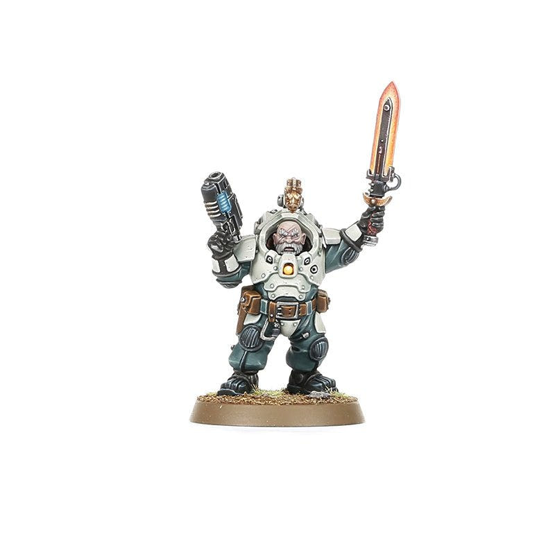 Painted Hearthkyn Warrior raising a glowing sword and pistol, Leagues of Votann