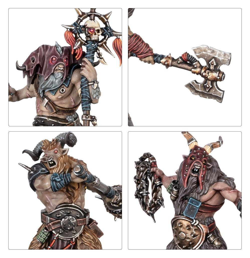 Close-ups of the Red Corsairs kit: horned helm, axe head and two painted Fellgor Ravager beastmen