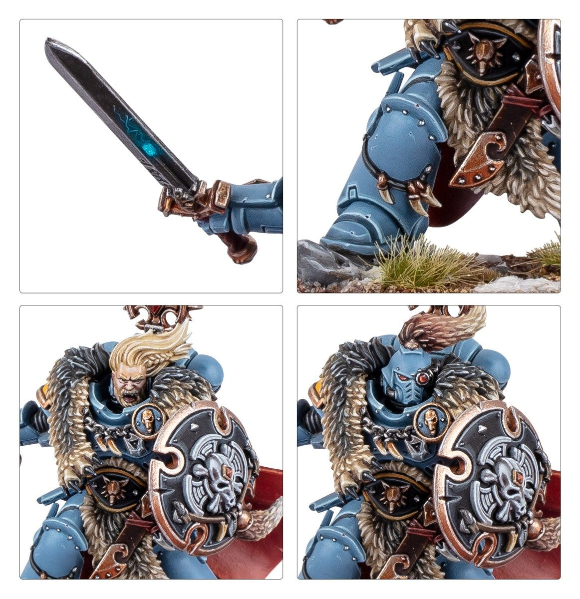 Close-ups of Fyrri Askar's power sword, fur cloak, wild blond hair and round shield