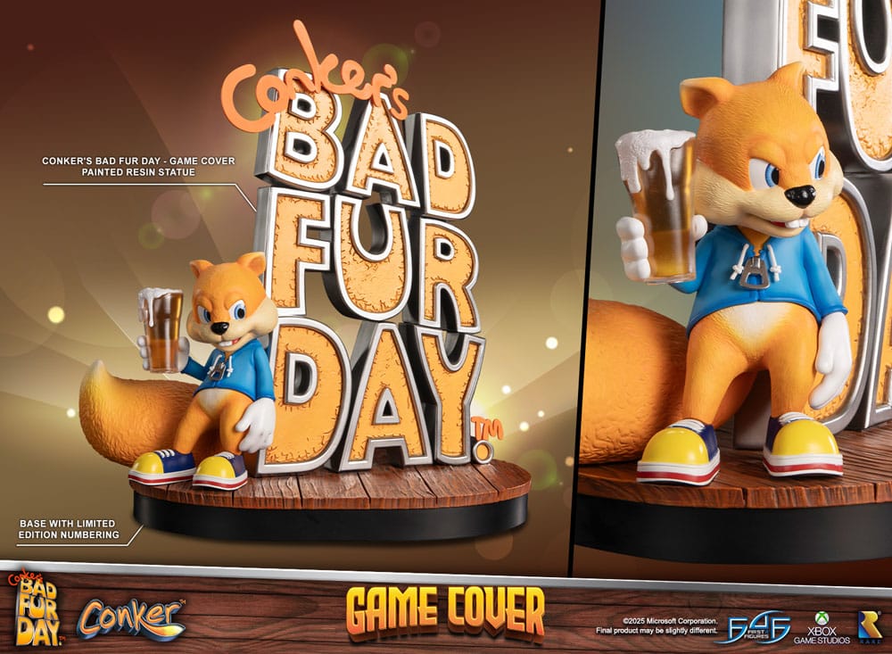 Conker's Bad Fur Day Game Cover statue by First 4 Figures, feature graphic with close-up of Conker