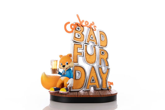 First 4 Figures Conker's Bad Fur Day Game Cover statue, Conker with beer glass beside the game logo