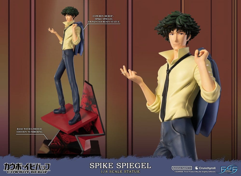 Spike Spiegel 1/8 statue by First 4 Figures, feature graphic with full view and upper-body close-up