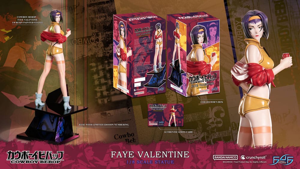 Faye Valentine statue by First 4 Figures, feature graphic with packaging and close-up