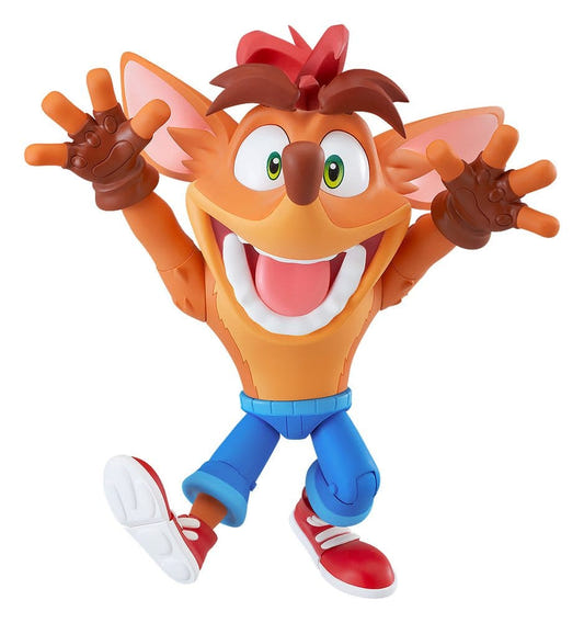 Good Smile Company Crash Bandicoot Nendoroid mid-jump with a wide grin and arms raised