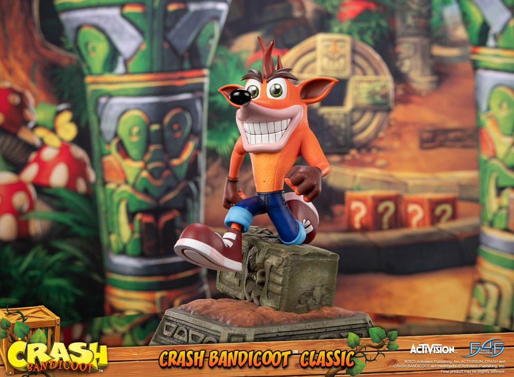 Crash Bandicoot Classic statue by First 4 Figures against a jungle backdrop, left three-quarter view