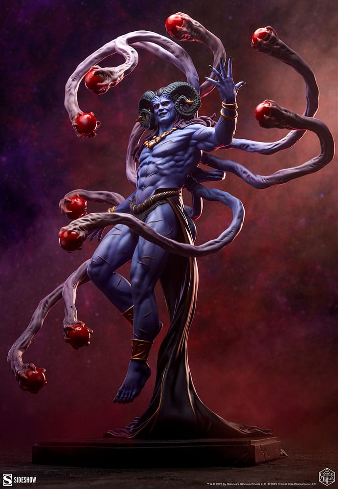 Critical Role Lucien statue against a dark red cosmic backdrop, floating above his robe