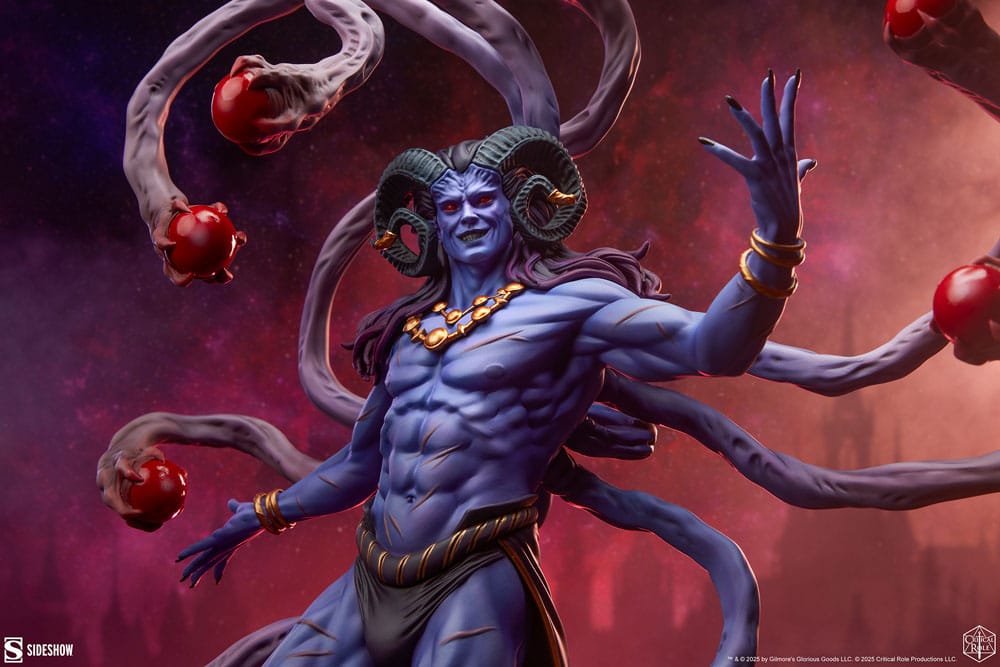 Close-up of Lucien's torso, gold necklace and outstretched hands against a red nebula backdrop