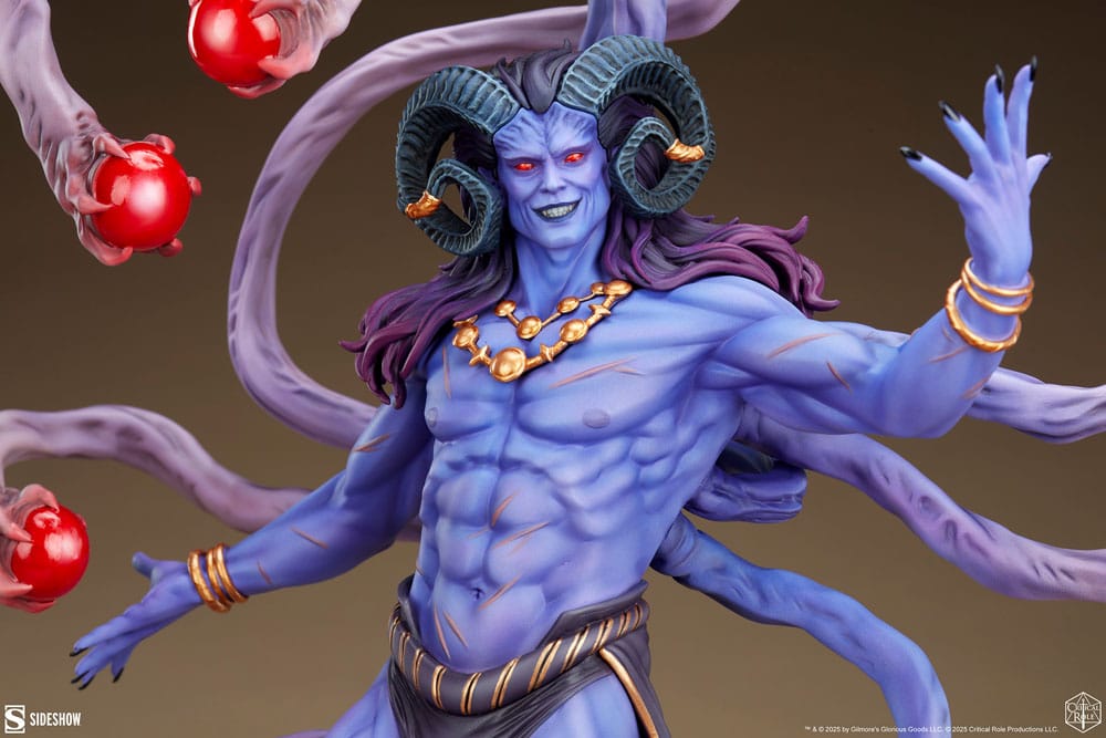 Close-up of Lucien's face, curled horns and blue skin on the Sideshow Critical Role statue