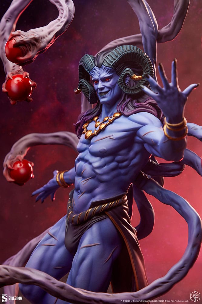 Close-up of Lucien's horned head, grin and raised hand on the Critical Role Neosomnovem statue