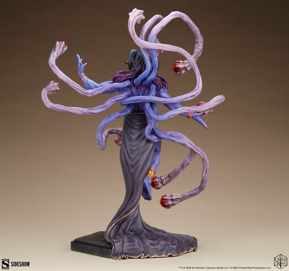 Rear view of the Critical Role Lucien statue showing his long dark robe and writhing stalks