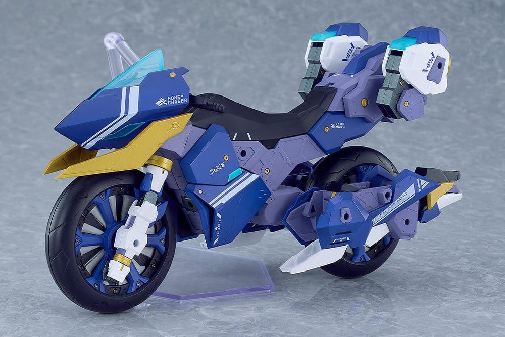 Plamatea Honey Chaser motorcycle built kit on its clear stand, side three-quarter view