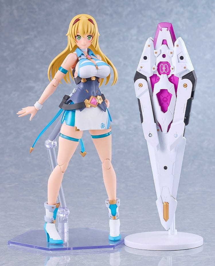 PLAMATEA Honey Kisaragi from Cutie Honey Nova standing next to Saber Scan on its stand