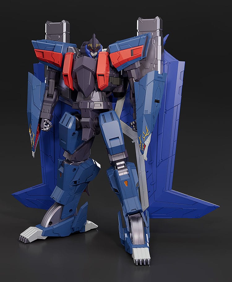 Dancouga Black Wing diecast figure in robot mode with folded wings, front view on dark background