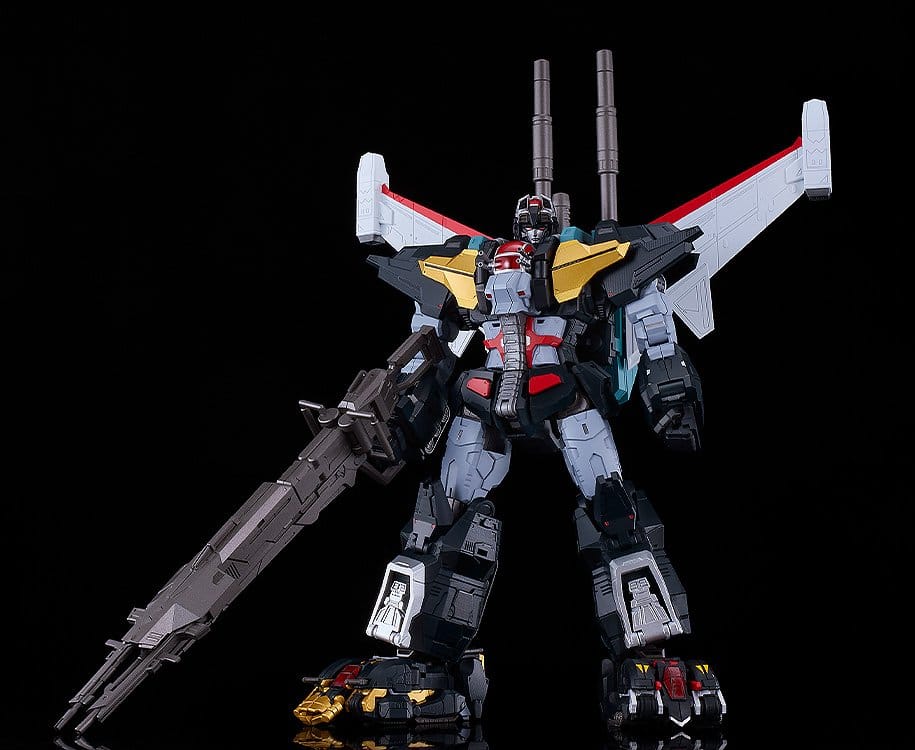 Built Dancouga Moderoid plastic model kit with cannon on a black background, front view
