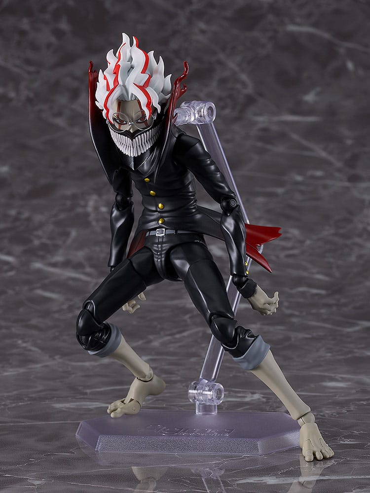 Okarun Transformed figma standing on its stand, front view on marble