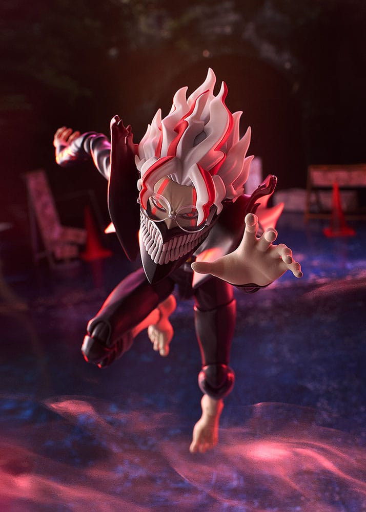 Okarun Transformed figma lunging at the camera in a dramatic red-lit scene