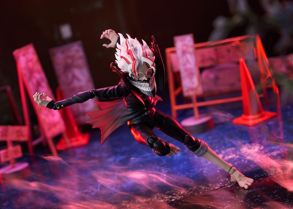 Okarun Transformed figma leaping sideways past road signs and a traffic cone