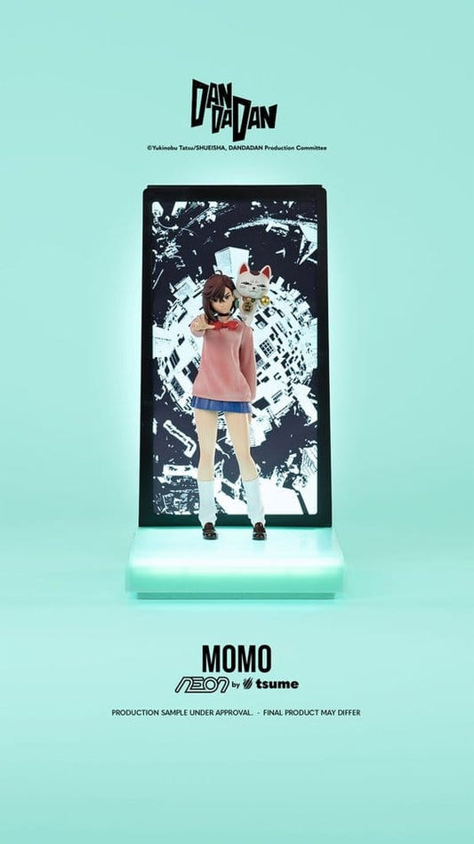 Tsume NEON Dandadan Momo 1/9 figure with illuminated backdrop and teal lit base, front view